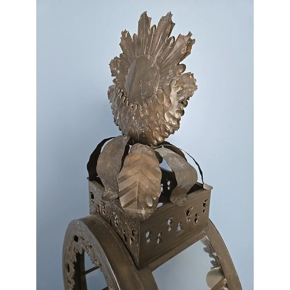 Baroque Mexican Tin Metal Lantern Lamp Ornate Handmade‎ Pedestal Sun Flower